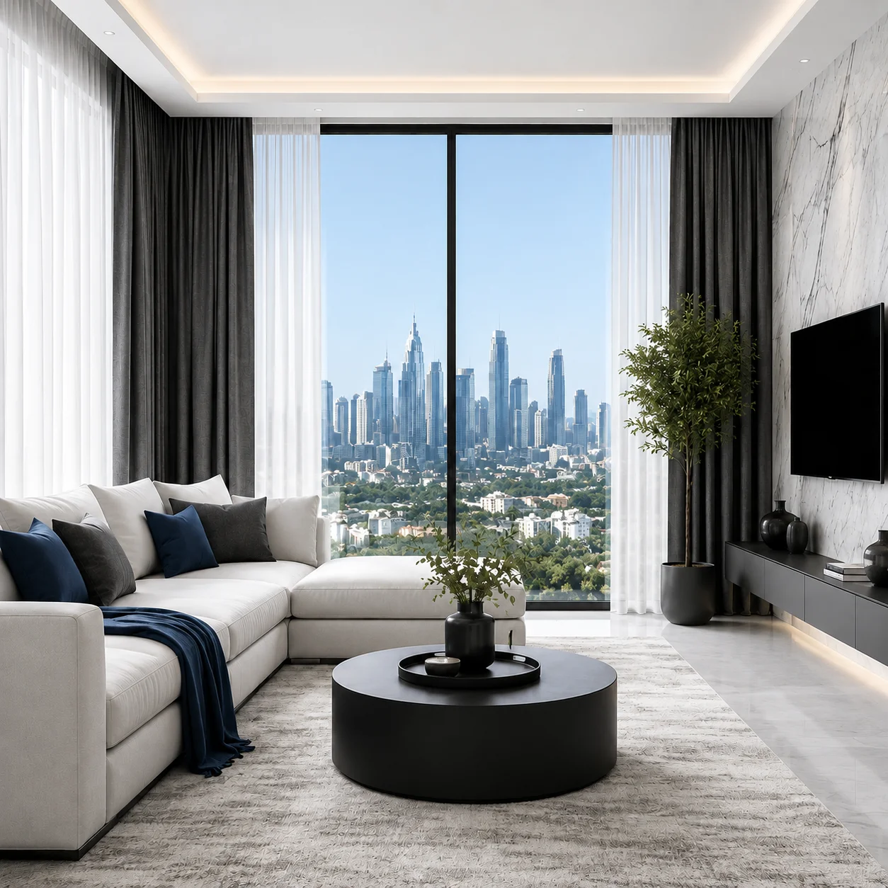 Modern living room with curtains and blinds